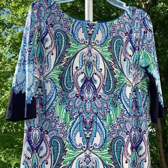 Eliza J Paisley lightweight lined‎ Stretchy Comfy Blue Green Spring Dress Sz 4 - Picture 2 of 7
